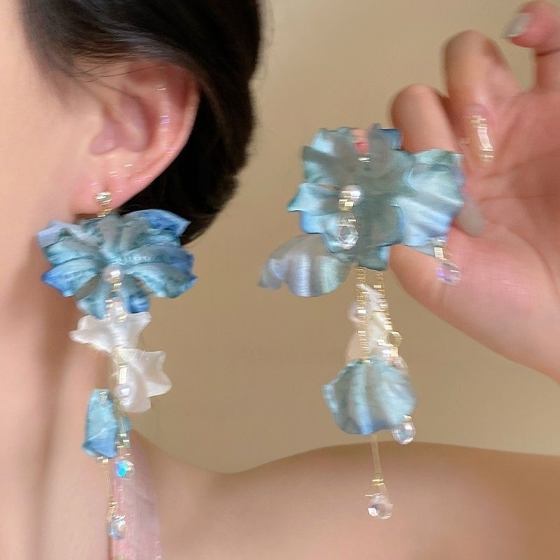 Blue Flower Exaggerated Tassel Earrings Women's Spring and Summer Super Fairy Unique Beautiful Earrings Seaside Holiday Ear Jewelry
