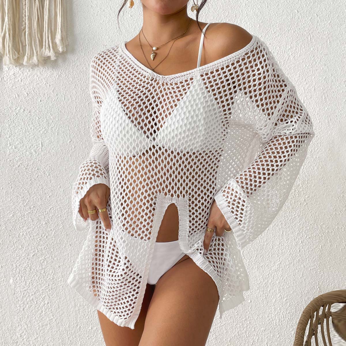 Cross-Border New Style Irregular V-Neck Cover-Up, Amazon Bestseller, Hollow-Out Side Slit Bikini Cover-Up Beach Dress