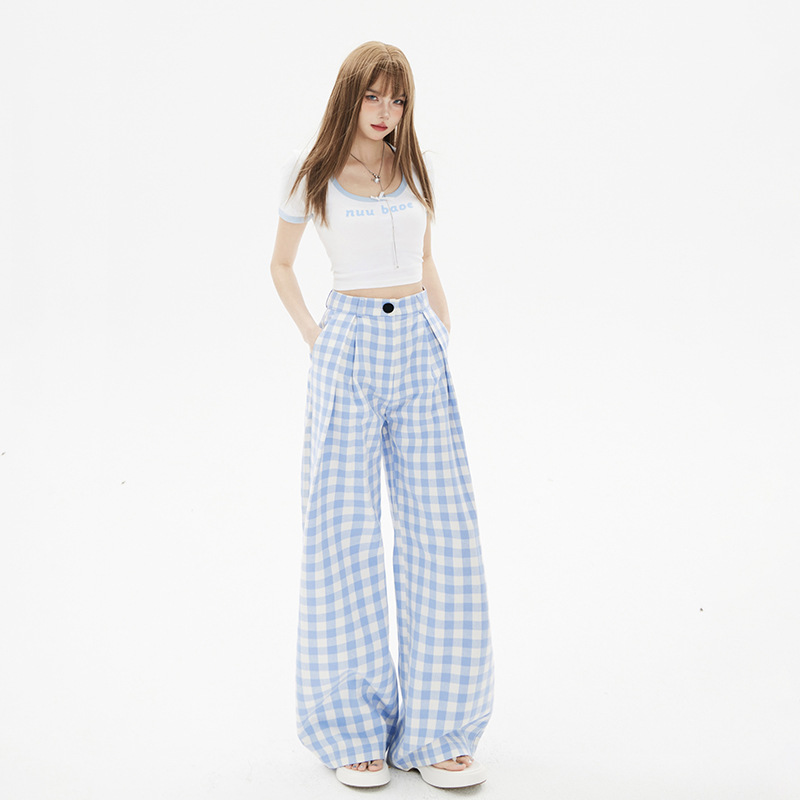 YC & Retro High Waist Loose Wide Leg Pants Slim Plaid Casual Pants Women's Lazy Spring and Summer New & Long Pants