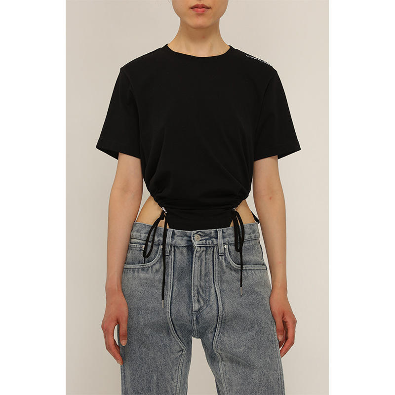 【Clearance No Returns/Exchanges】Spicy Girl Hollow-Out Cotton Short-Sleeve Letter T-Shirt Patchwork Slim-Fit Waist-Revealing Bodysuit for Women
