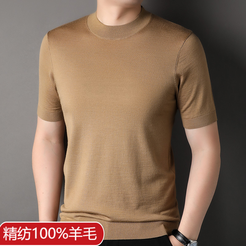 Worsted 100 Pure Woolen Sweater Short Sleeve Half High Collar Spring and Autumn Puyuan Woolen Sweater Half Sleeve Sweater Base Shirt Jacket Thin