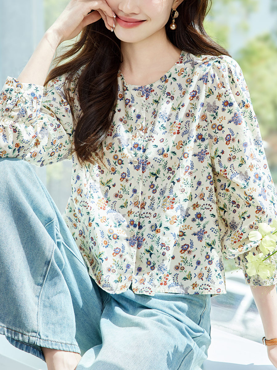 Twilight Garden Floral Shirt Women's Long Sleeve 2026 Spring and Autumn New Style Pastoral Style Top Loose Casual Round Neck Shirt