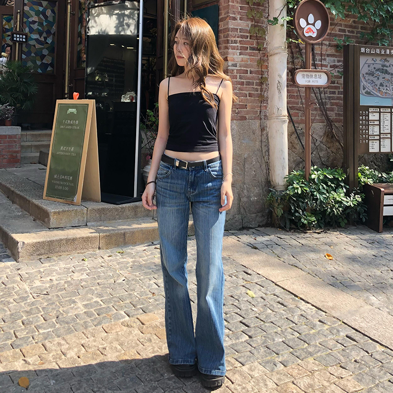 Vintage Bamboo Pattern Flared Jeans for Women, New Summer Style, Low-Waist, Slim-Fit, Wide-Leg, Flattering, Straight-Cut, Floor-Length Pants