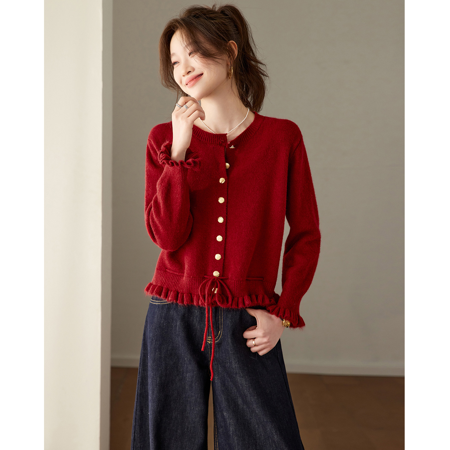 Korean-Style Lazy Style Lace Sweet Sweater Women's Autumn and Winter New Design Waist-Cinching Fresh Knit Cardigan Top