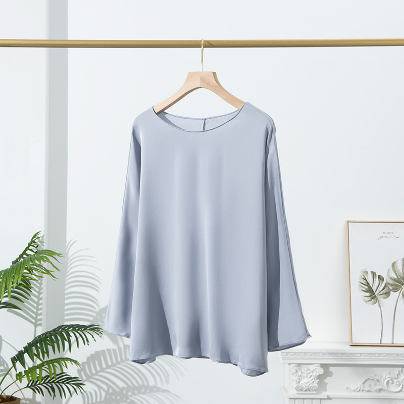 New Silk T-Shirt Women's Long-Sleeved Large Size Round Neck Mulberry Silk Top Pure Color Loose Autum Commuter Women's Clothing Wholesale