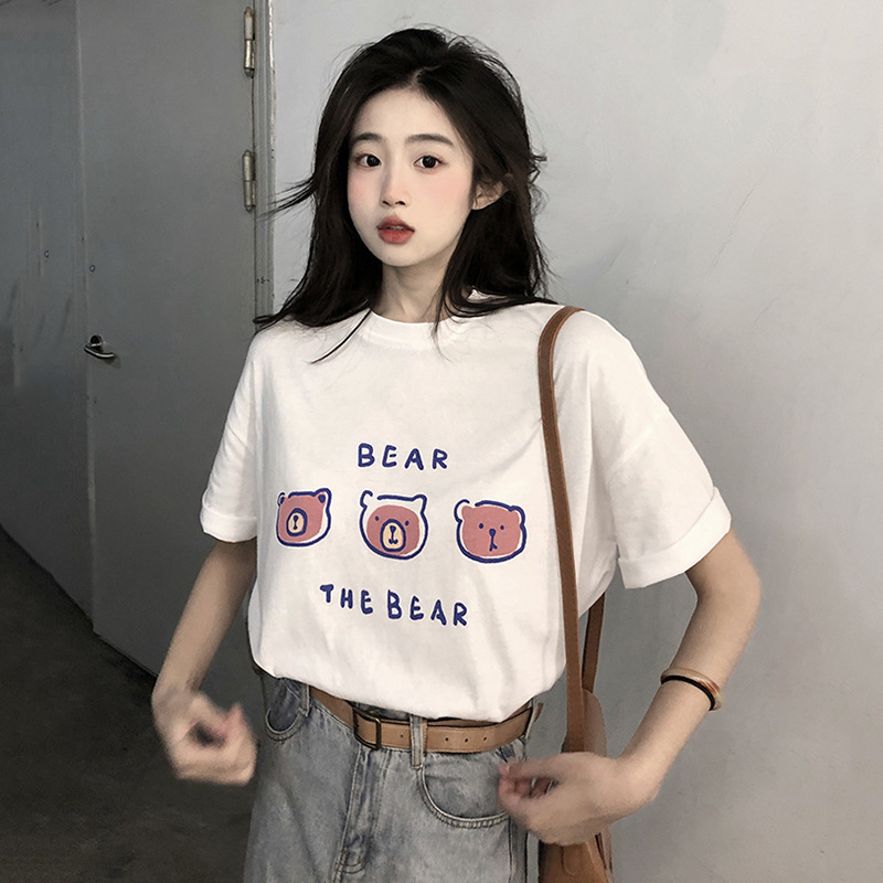 Pure Cotton White Short-sleeved T-shirt Women's 2024 Summer New Korean-style Loose All-match Super Hot Midi Bear Print