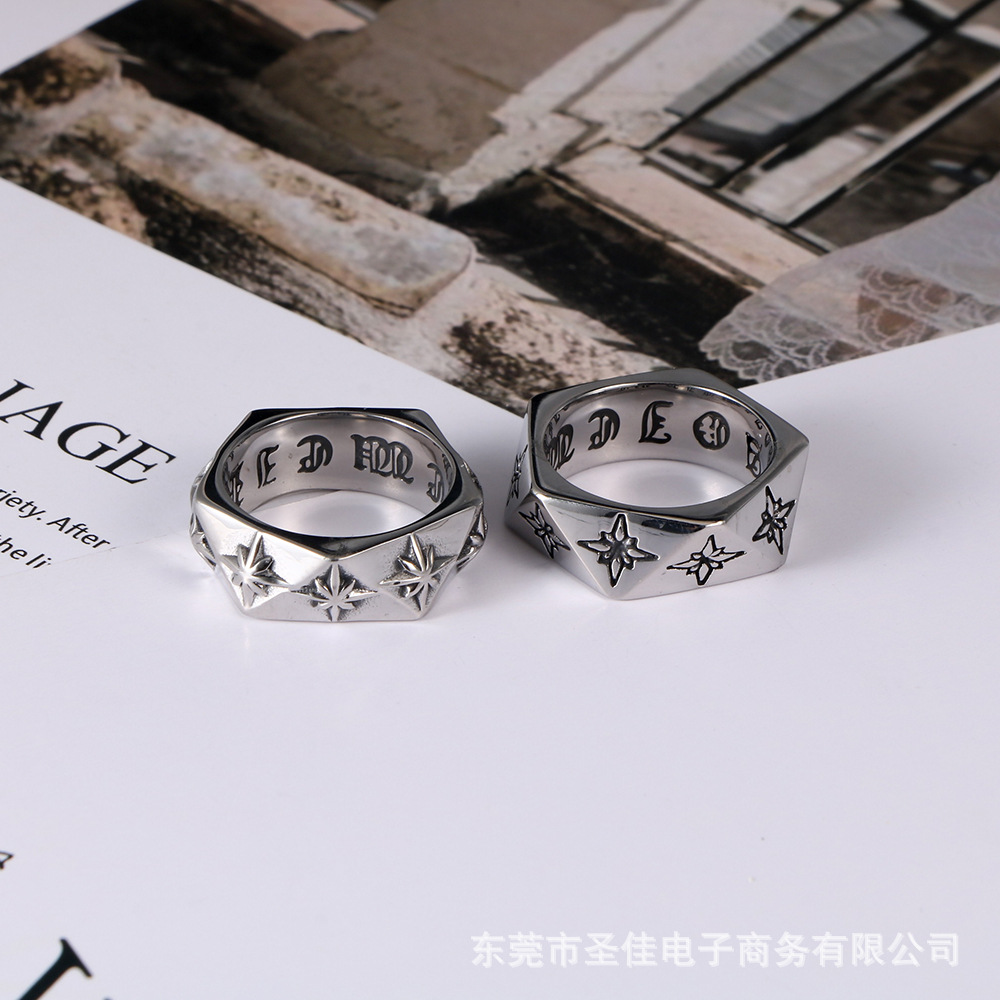 Cross-border spot titanium steel ring polygon 3D ring nightclub tide rice flower jewelry accessories SA1043