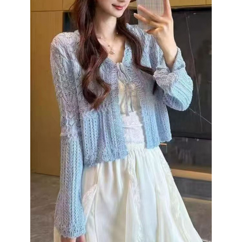 "3.28/Spring New Collection" Xuan Xiao Jie Hollow-Out Lace-Up Sun Protection Cover-Up Short Knitted Cardigan