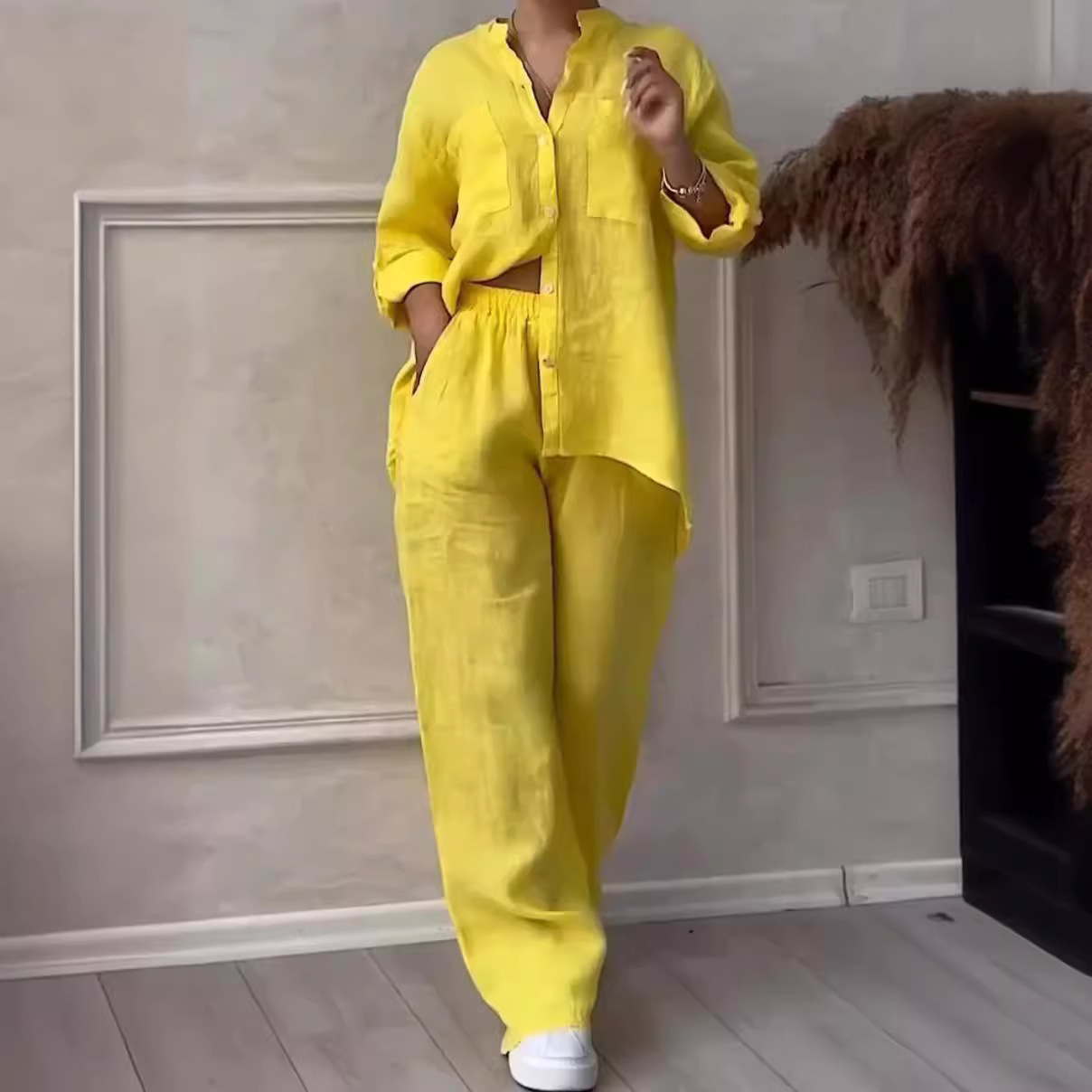 European and American Cross-Border 2025 New Women's Solid Color Single-Breasted Long-Sleeve Shirt Two-Piece Set with Wide-Leg Pants and Tie-Up Long Pants for Women