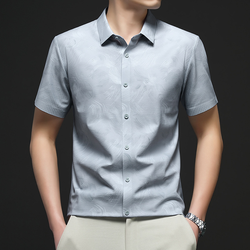 Ice Silk Printed Short-Sleeved Men's Shirt, New Summer Style, Bubble Fabric, Loose, Simple, Fashionable, Versatile Business Shirt for Men