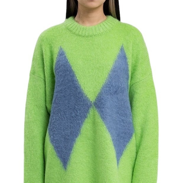 GAO Fixed Dye 2020 Fall/Winter welldone Stitching Diamond Mohair Sweater Pullover Round Neck Loose Edition