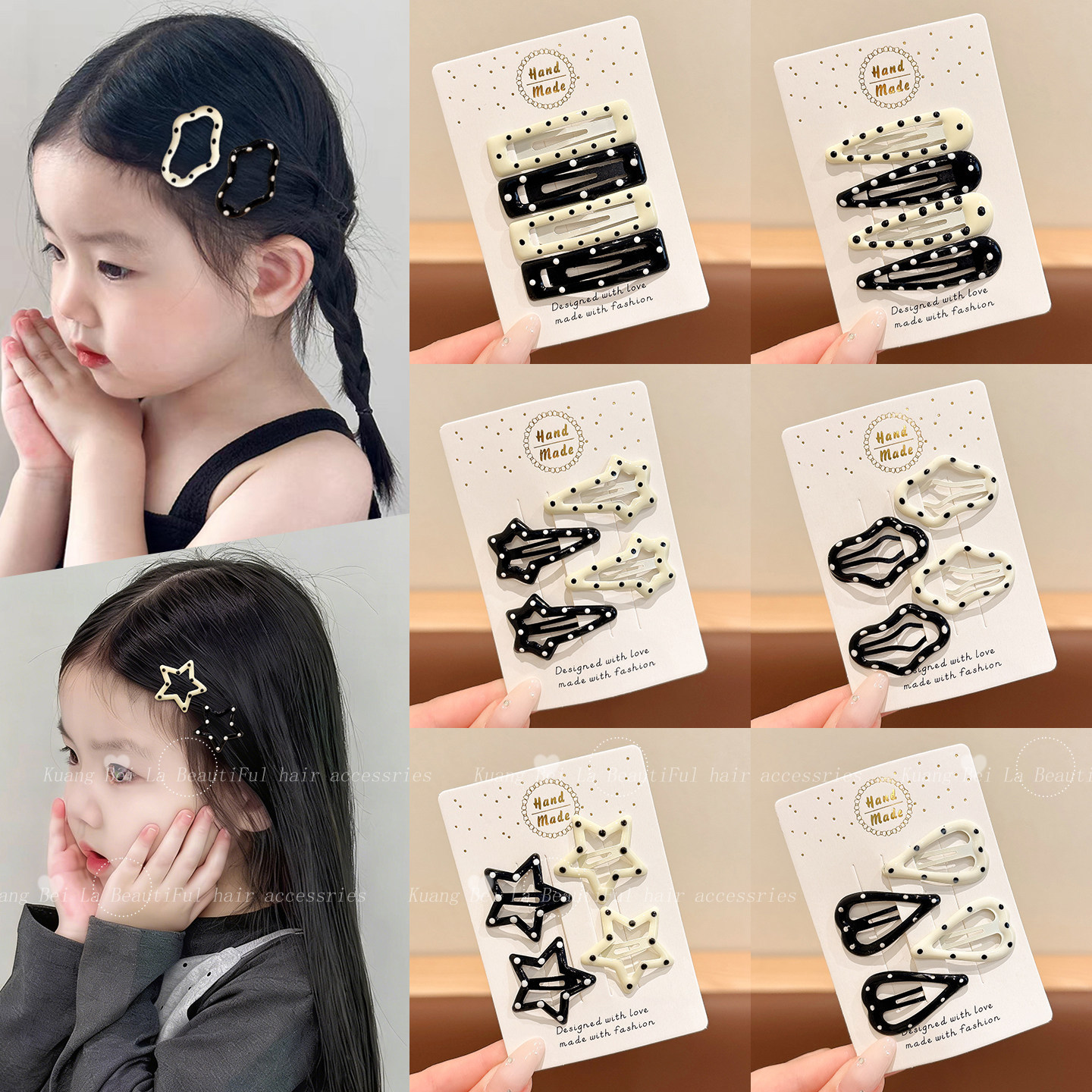 Children's Black and White Polka Dot Hair Clips for Girls, Side Hair Clips That Don'T Damage Hair, Versatile Bb Clips for Babies, Back of the Head Hair Clips