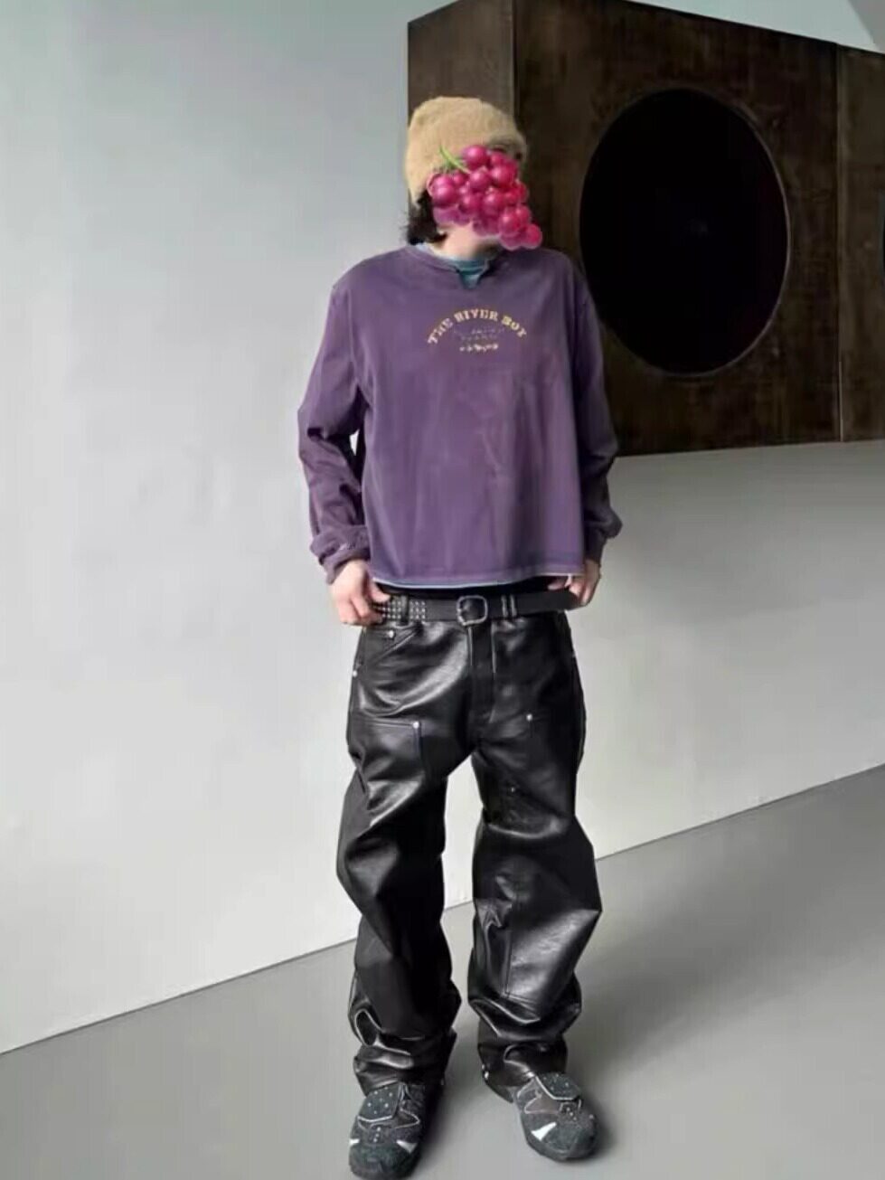 Far Archive American Retro Solid Color Pu Leather Texture Straight Wide-Leg Casual Pants for Men and Women, Slimming Long Pants Trendy