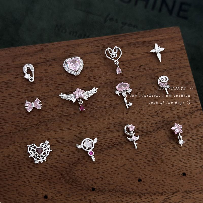 Single Pack ~ Pink Star Bow Love Earrings Sweet Cool Spice Girl Wind Micro Set Zircon Earrings Earbone Accessories
