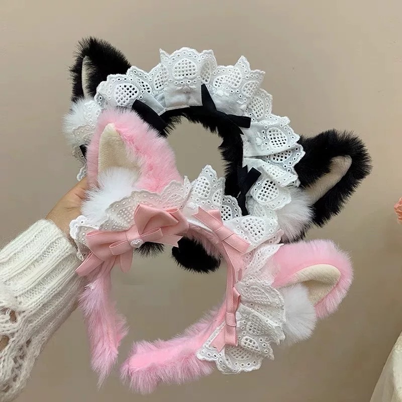 Plush Lolita Headband Women's Lace Bow Headwear Simulation Beast Ear Maid Corgi Hair Accessories Japanese KC Headband