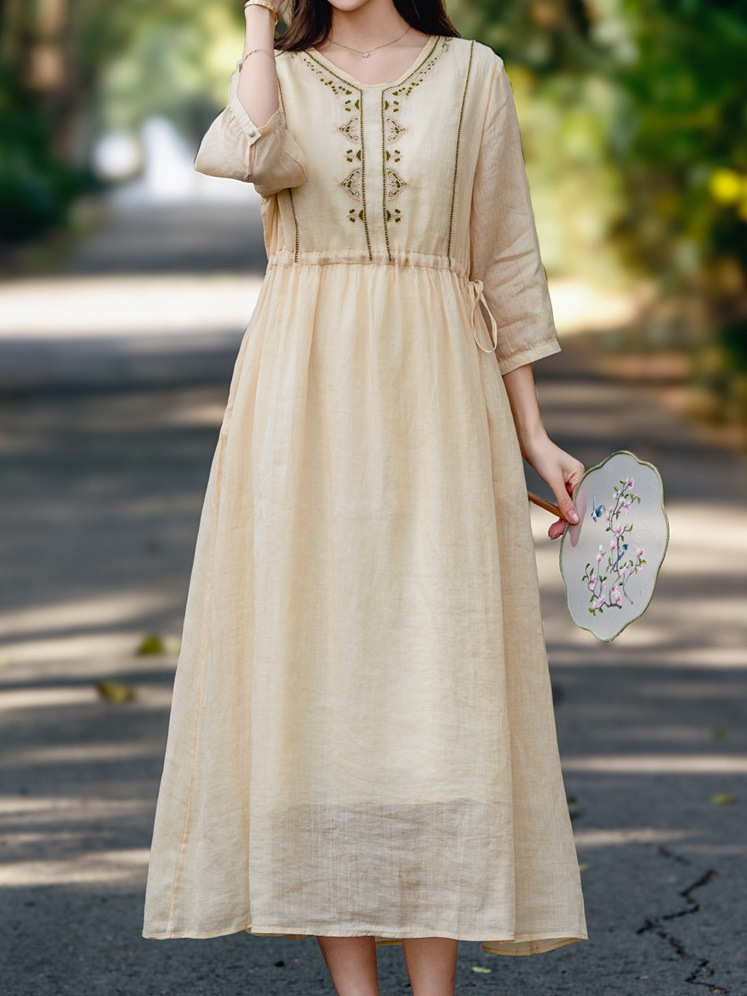 2025 Summer Solid Color Layered Waist Drawstring Long Dress Artistic Women's Mid-Sleeve Single-Layer Embroidered dress
