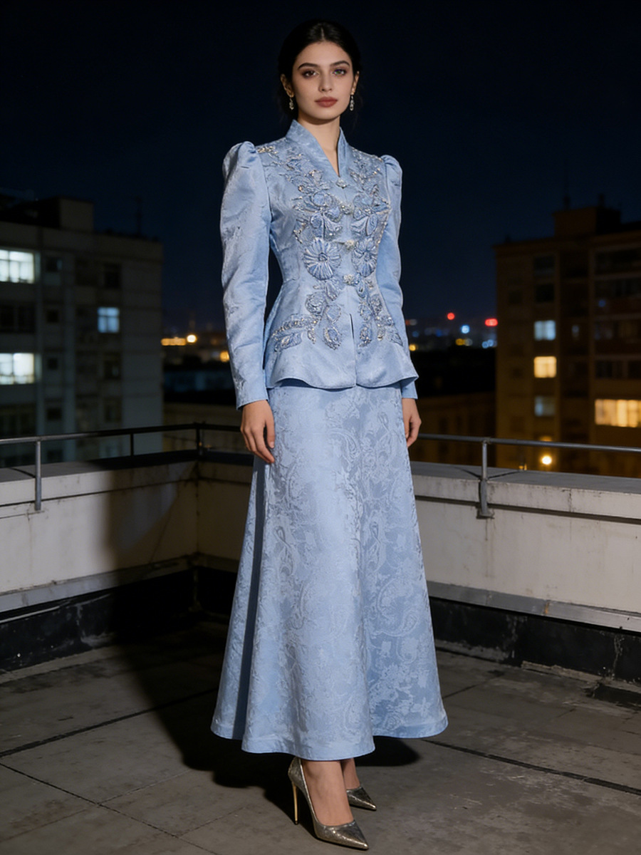 Celadon Oriental Retro Light Blue Embroidered Waist-Cinching Top and Skirt Two-Piece Set 2026 Summer New Women's Outfit