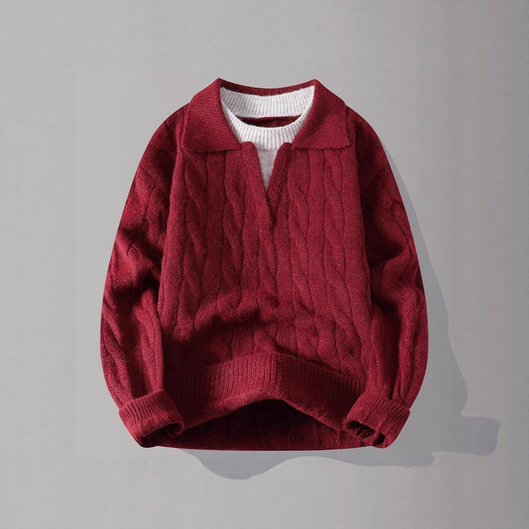 Fake Two-Piece Turn-Down Collar Cable Knit Pullover Sweater for Men, New Autumn and Winter Thickened Lazy Style V-Neck Knitwear, Loose Top