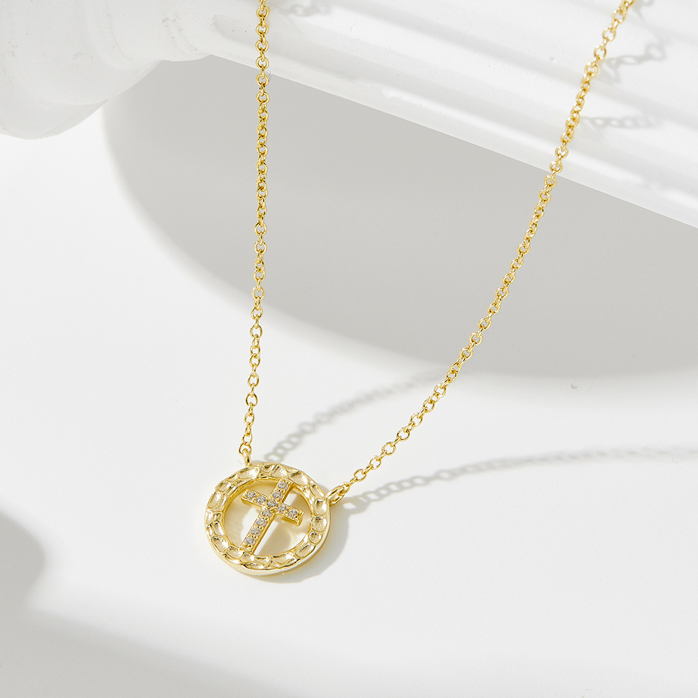 925 Sterling Silver Niche Design Round Hollow Diamond-Encrusted Cross Necklace for Women, European and American Style, Light Luxury Ins Clavicle Chain
