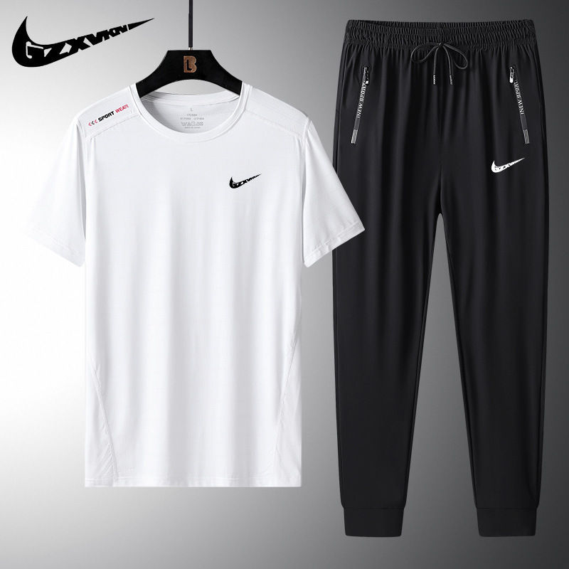 Men's Clothing 2025 Ice Silk Sports Casual Suit Men's Breathable Thin Short-Sleeved T-Shirt/Long Pants Two-Piece Set Casual and Versatile