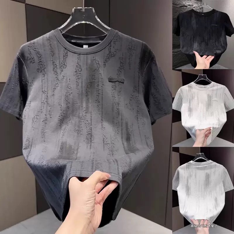 2025 New Men's Casual T-shirt Halo Scraping Trendy Short-sleeved Korean Solid Color Micro-elastic Fashionable Short-sleeved T-shirt