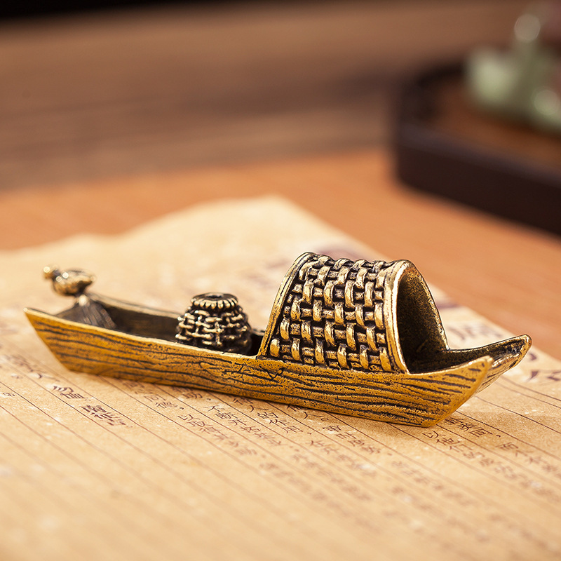 Brass Zen boat boat personalized small ornaments brass incense holder vintage copper pure copper fishing boat desktop ornaments