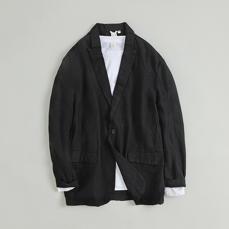Spring New Japanese Style Retro Loose Casual Linen Suit Long Sleeve Pocket Solid Color Large Size Suit Men's 8330