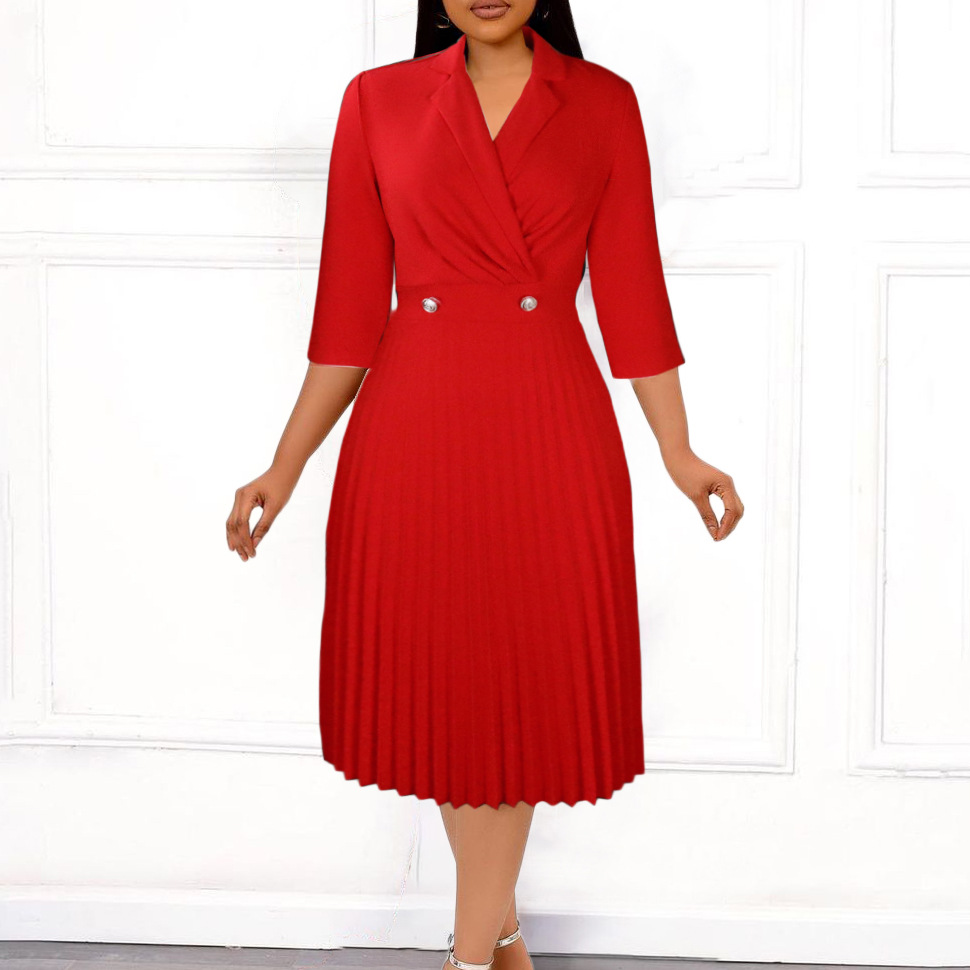D3123 European and American Clothing 2022 Autumn New Pure Color Elegant Elegant Suit Collar Pleated Lapel Export Dress