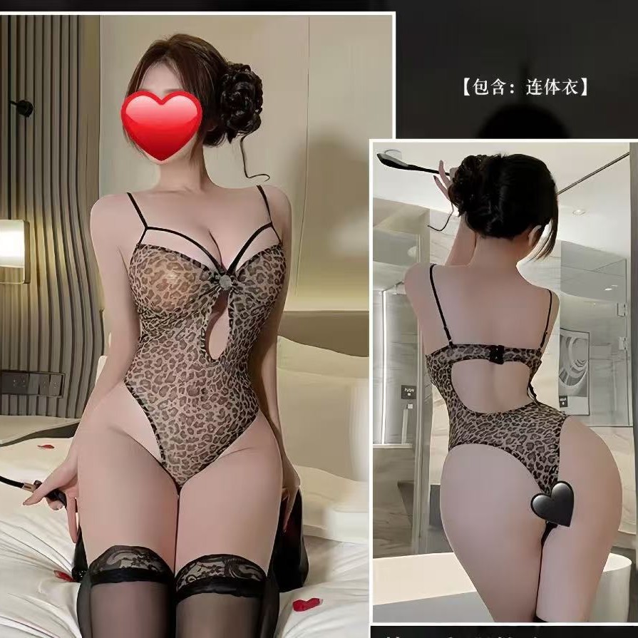 Tiffy Plus-Size Sexy Lingerie Deep V Leopard Print Hidden Button Bodysuit Hollow-Out Uniform Set Fun Lingerie