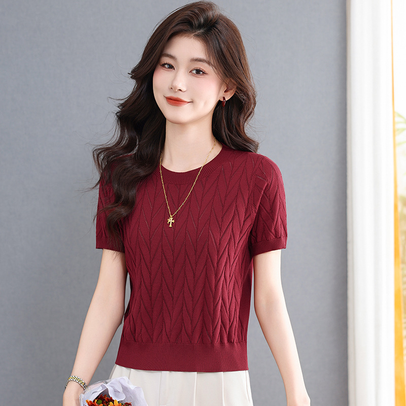 Retro Round Neck Short-Sleeved T-Shirt Knitwear Women's Thin Style 2026 Summer Design Slim Fit Short Student Top