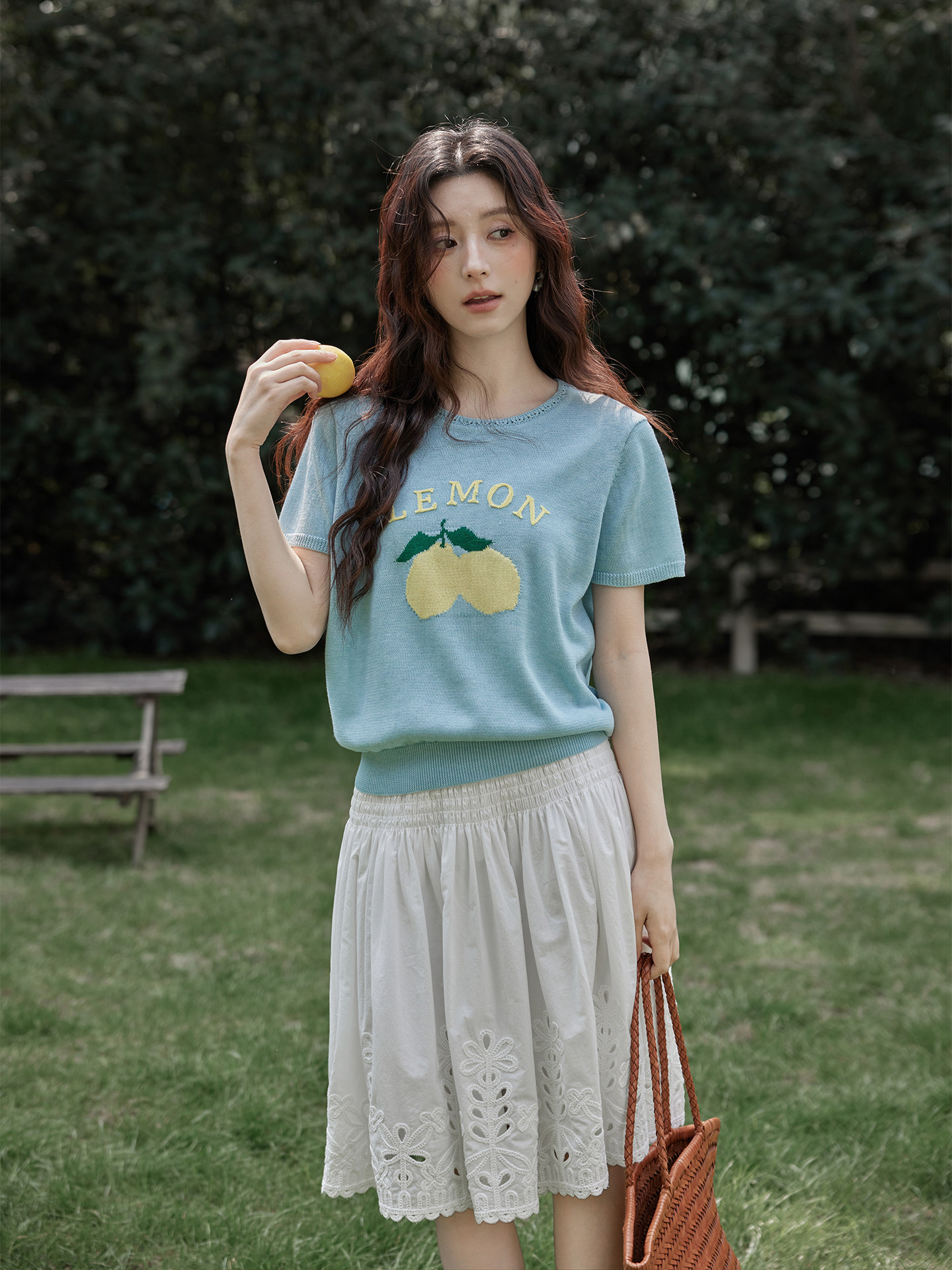 Ximeng 2026 New Spring and Summer Korean Style Unique Top with Fruit Print Short-Sleeved Blue Round-Neck Knitwear for Women