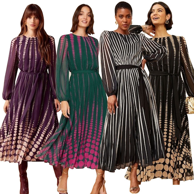 387 European and American Women's Casual Long-Sleeve Printed Dress, Foreign Trade Pleated Skirt, Cross-Border Fashion, Waist-Cinching, Flared Skirt