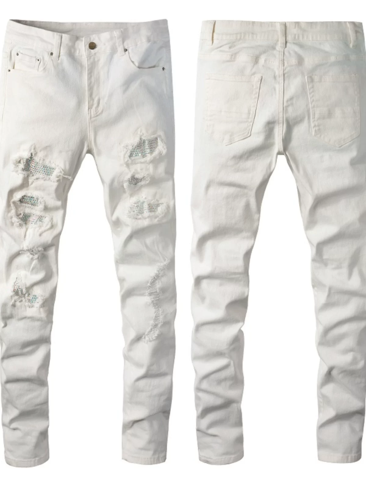 New European and American High Street Trendy Brand Rhinestone Patch Ripped Stretch Slim White Skinny Jeans for Men