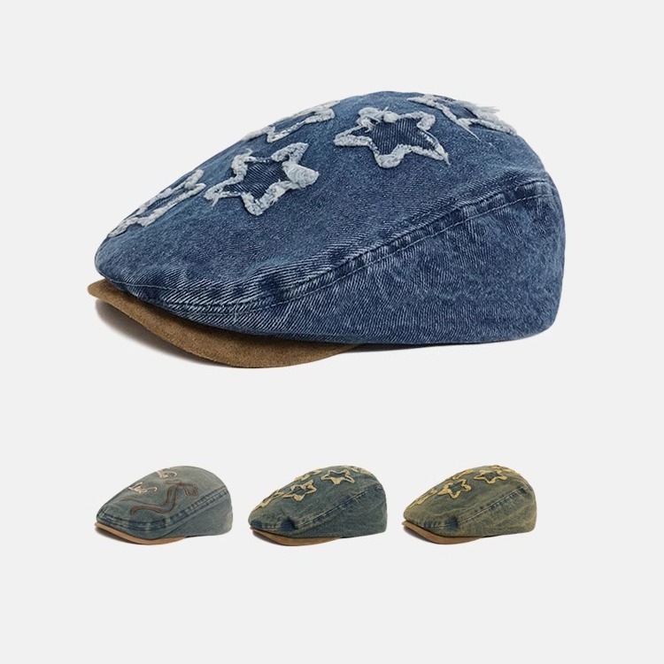 Japanese Retro Denim Forward Cap, Summer and Autumn Beret That Makes the Face Look Smaller, Niche Fashion Baseball Cap, Star Newsboy Hat