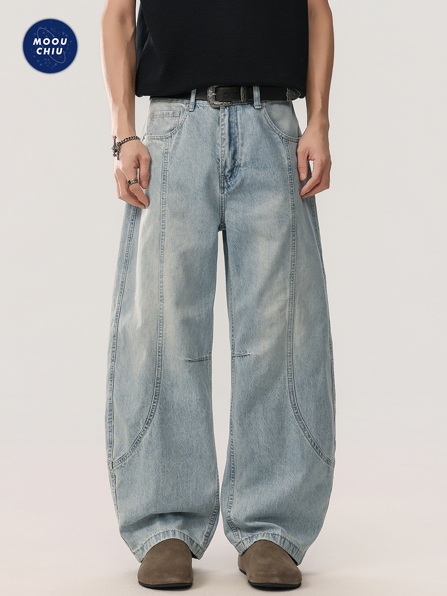 Muqiu Men's Wear | American-Style Scimitar Baggy Jeans for Men, Trendy Brand with Deconstructed Design, Light-Colored Washed Long Pants