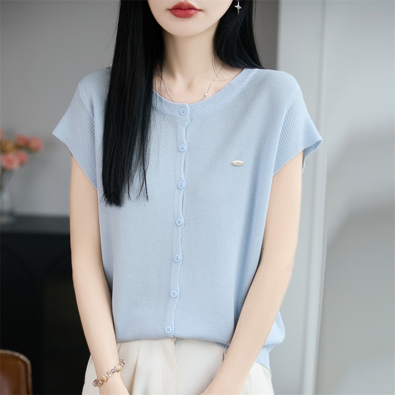 2026 Spring/Summer New Tencel Lyocell Round Neck Knitted Cardigan with Small Flutter Sleeves Short Sleeve Women's Solid Color Loose Top