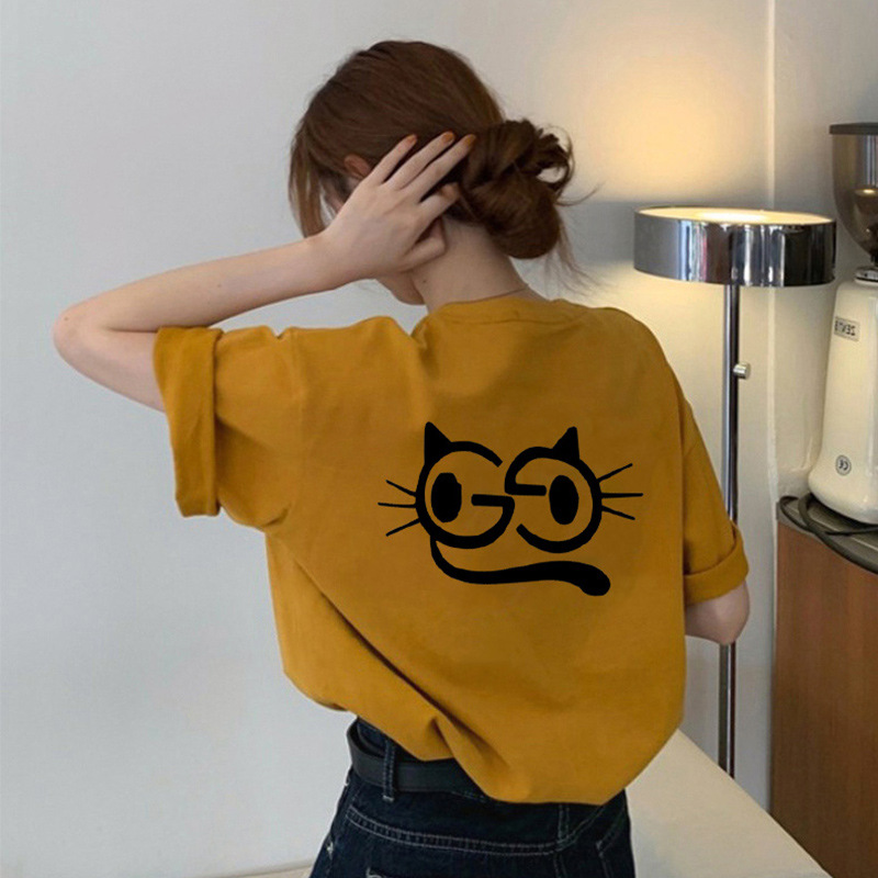 40 Combed Cotton Short-sleeved T-shirt Women's 2024 Summer New Round Neck Loose Korean Back Cat Top