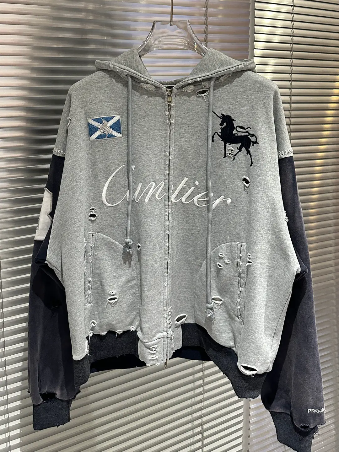 Project G/R Grailz 25Ss Color-Blocked Distressed Vintage Embroidered Horse Zipper Hoodie Jacket