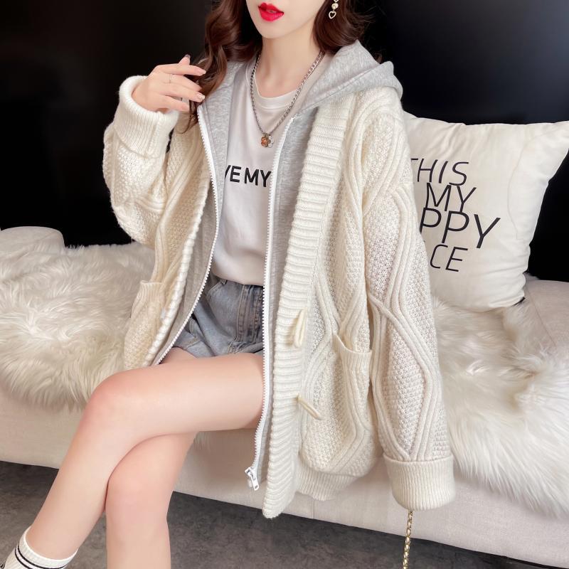 Sweater Fake Two-piece Hooded Sweater Coat Women's Autumn and Winter New Loose Lazy Style Mid-length Thickened Knitted Cardigan