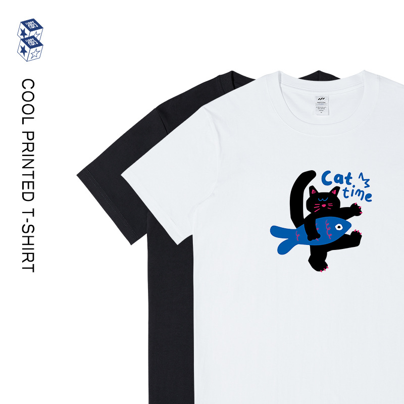 Niche Design Printed Short-Sleeved T-Shirt for Men and Women Japanese Style Retro Couple White Top Trendy Brand Pure Cotton Round Neck T-Shirt