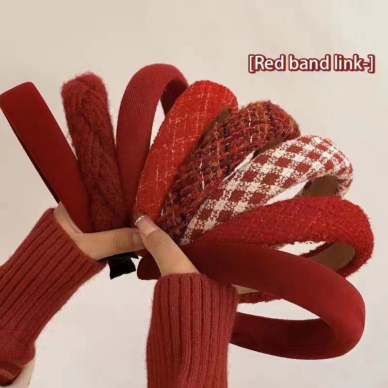 New Year Red Hairband Women's Pressed Hair Hairpin Women's Autumn and Winter Going Out All-match Headband Wide-brimmed High Cranial Top Hair Bundle Headwear