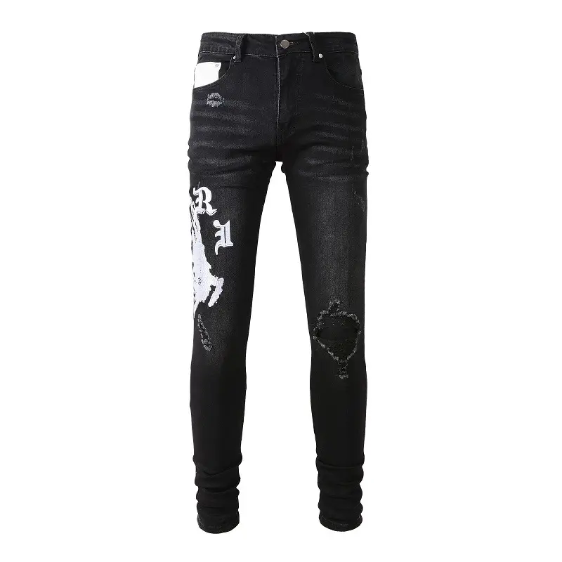 Street fashion tide men's jeans black Slim small feet printed flowers washed men's hip-hop jeans wholesale