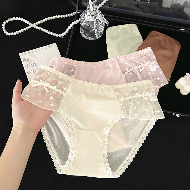 New Lace Panties for Women, Silky Satin Mid-Waist Sexy Women's Panties, 7A Antibacterial Pure Cotton Crotch Lace Women's Panties