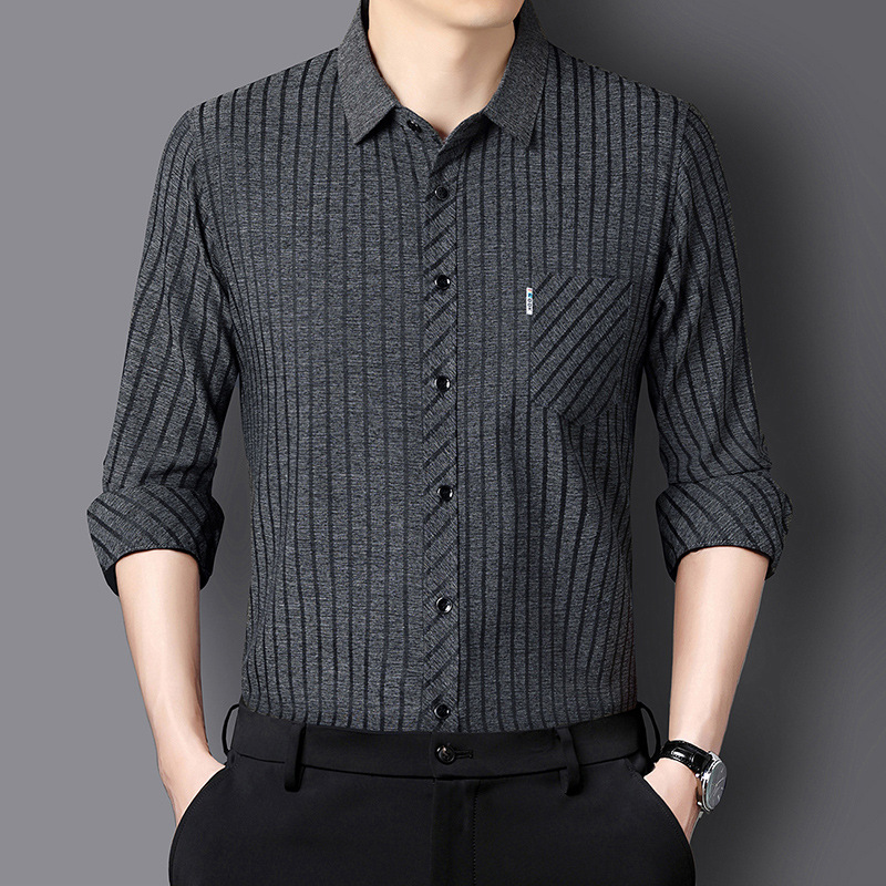 Autumn New Men's Mulberry Silk Shirt for Middle-aged Dad Business Casual Lapel Long Sleeve Shirt for Men
