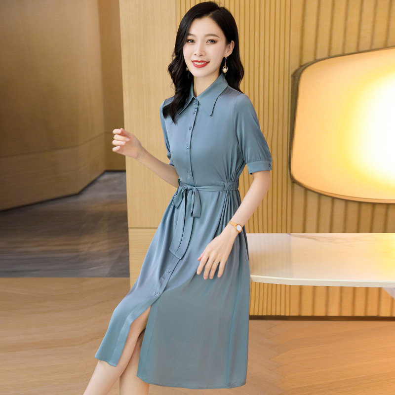 2391 Silk Dress Women's Summer High-end Big Brand Fog Blue Long Knee-over Waist Buckle Shirt Mulberry Silk Dress