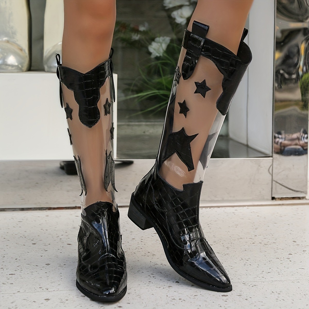 2024 Winter Foreign Trade New European and American Fashion Pointed PVC Stitching Thick Heel Low Heel plus size Knee High Boots Women's Boots