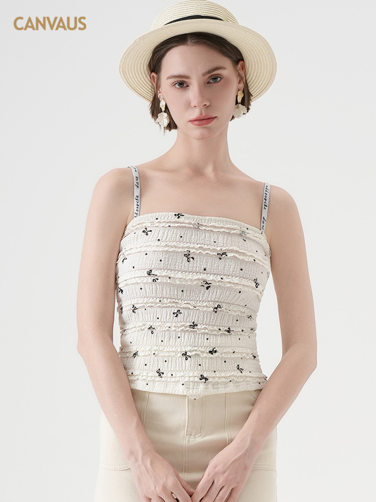 Women's CANVAUS Neck Printed Navel Camisole Vest for Summer New Short Slim-fit Inner Backless Top