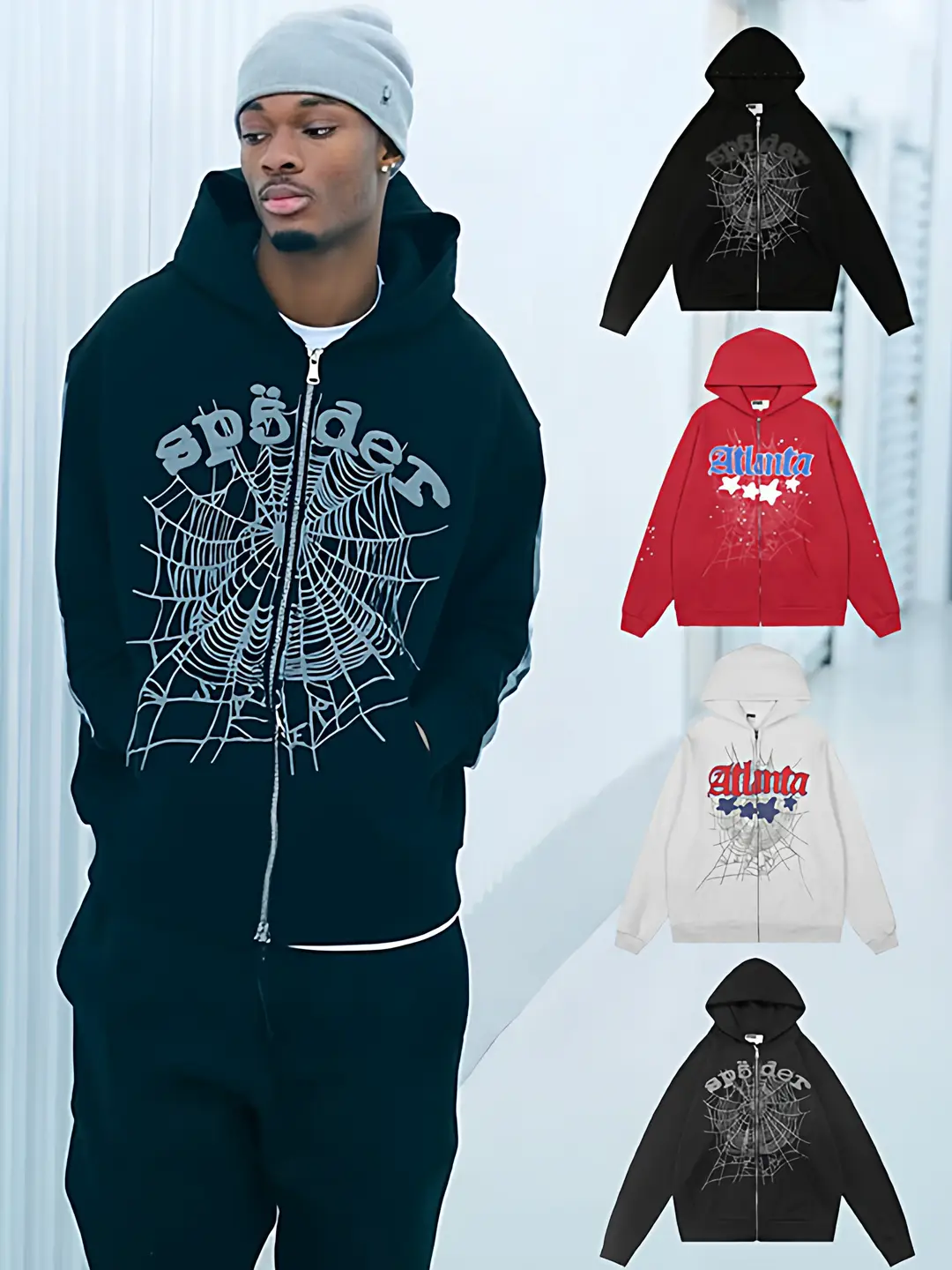 Sp5Der Zipper Hoodie American High Street Style 555555 Spider Sweatshirt Hoodie Men's ins Style Women's Jacket