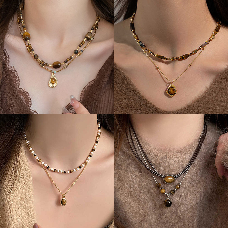 Autumn and Winter Vintage Flower Round Faux Tiger Eye Necklace High-grade Sweater Chain Light Luxury Niche Sweater Necklace