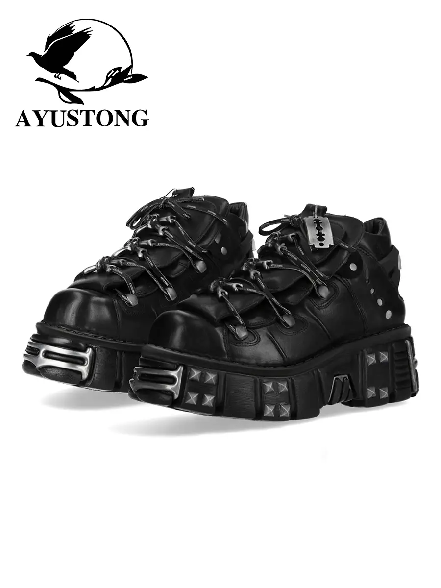 Ayustong Spanish Trendy Brand Small Leather Shoes Retro Metal Thick-Soled Shoes Dark Punk Height-Increasing High-Top Shoes for Men and Women